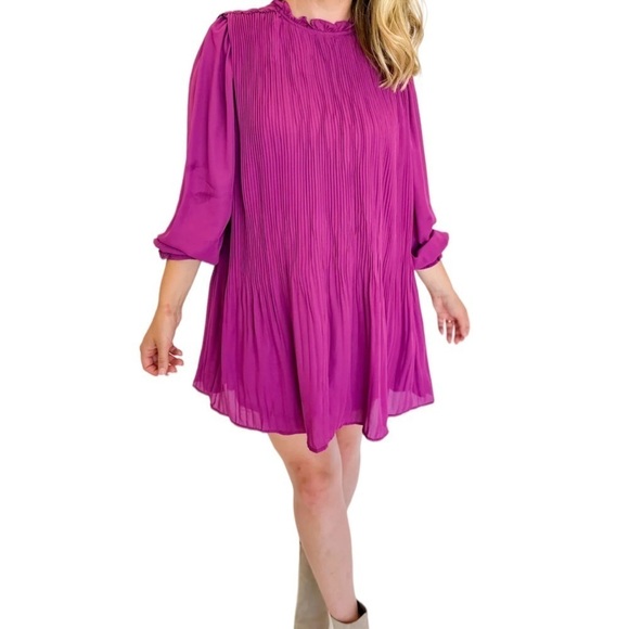 Merci Dress Women’s Size M Long Sleeve Pleated Mini Dress Dusty Purple- New! - Picture 1 of 9